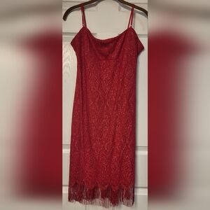 Next Up Red Crochet Fringe Hem Spaghetti Strap Shimmer Cocktail Dress Large